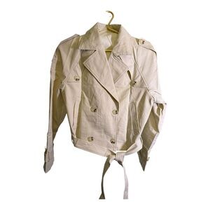 White Cropped Trench Medium Jacket Tie Waist Double Breasted Modern Minimalist